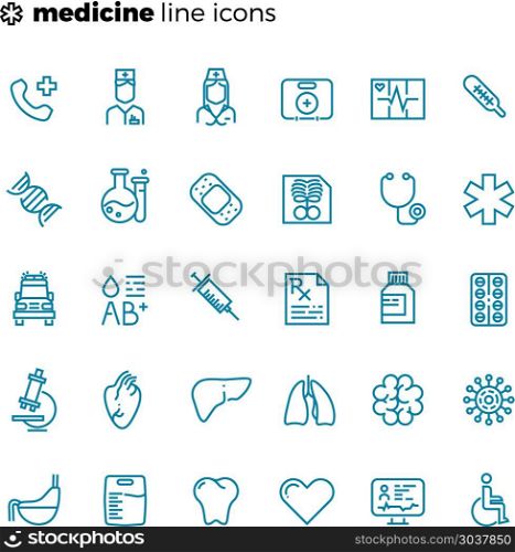 Medicine and healthcare thin line vector icons. Medicine and healthcare thin line vector icons. Health care and medical equipment illustration