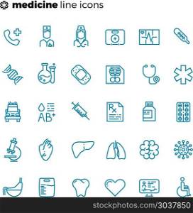 Medicine and healthcare thin line vector icons. Medicine and healthcare thin line vector icons. Health care and medical equipment illustration
