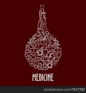 Medicine and hospital icons in a shape of enema with ambulances and doctors, first aid kits and thermometers, stethoscopes and syringes, pills and hearts, microscopes and test tubes, teeth and DNA, glasses and plasters symbols . Medical icons arrange in a shape of enema