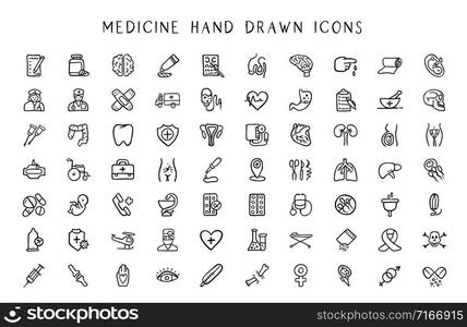 Medicine and hynecology line hand drawn icon set - black outline handmade icons or signs on medical science topic - doctor, nurse, tools, organs, women hygiene things, pills, gender symbols - vector. Medicine and hynecology line hand drawn icon set