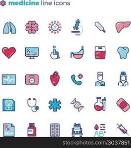 Medicine and medical equipment line vector icons with flat elements. Medicine and medical equipment line vector icons with flat elements. Medical tool for laboratory, illustration medical icon