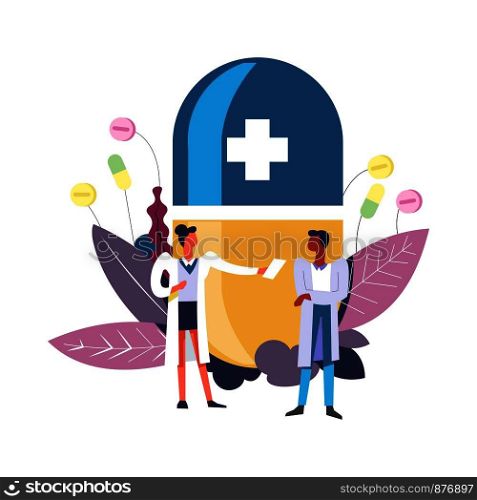 Medicine and pharmacy doctor with patient and pill vector. Woman expert giving prescription for male, crossing his hands. Man and female specialist with big capsule and decorative leaves foliage. Medicine and pharmacy doctor with patient and pill vector