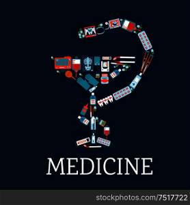 Medicine and pharmacy symbol with bowl of hygeia silhouette composed of flat icons of medicines, stethoscope and blood bags, dentist instruments and teeth with braces, x rays, blood pressure and ecg monitors. Pharmacy symbol with medical flat icons