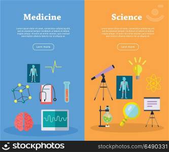 Medicine and science concept vector web banners. Flat style. Vertical illustration for educational, medical and scientific online services startups, corporate web sites, business landing pages design. Set of Scientific Vector Web Banners in Flat Style. Set of Scientific Vector Web Banners in Flat Style
