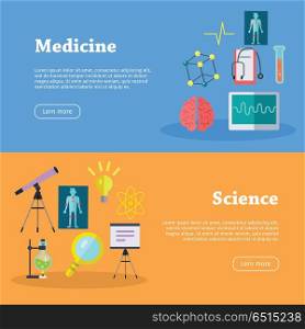 Medicine and Science Web Banners. Medicine and science web banners. Laboratory template of flyear. Medicine infographic concept background. Scientific research, science lab, science test, technology illustration in flat.