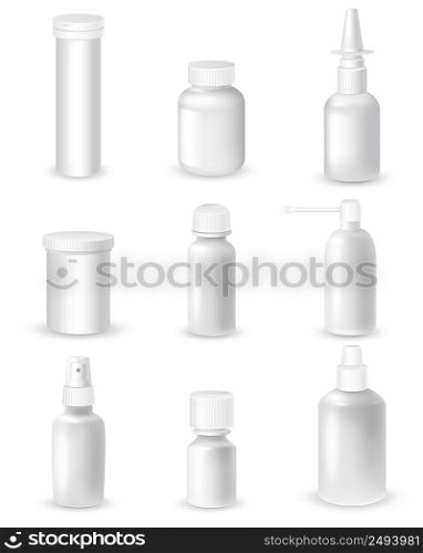 Medicine blank white bottles set for sprays and pills realistic isolated vector illustration . Medicine Bottles Set