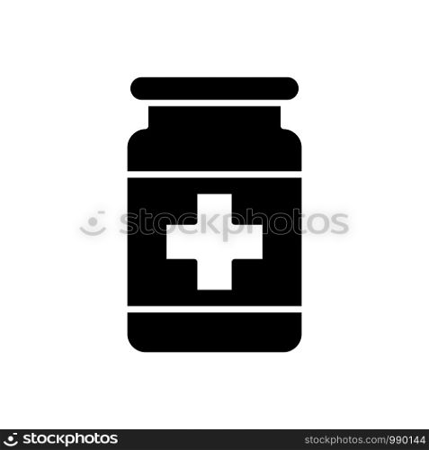 Medicine bottle and pills. Black and white icon vector