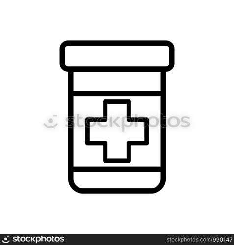 Medicine bottle and pills. Black and white icon vector