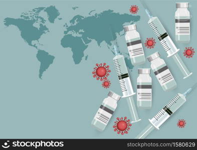 Medicine bottle and syringe vector background. With a world map. Medicine bottle for injection. Medical glass vials and syringe for vaccination composition. Covid19 coronavirus vaccine concept.