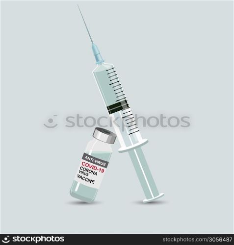Medicine bottle for injection. Medical glass vials and syringe for vaccination. Isolated vector illustration Covid-19 Coronavirus concept.