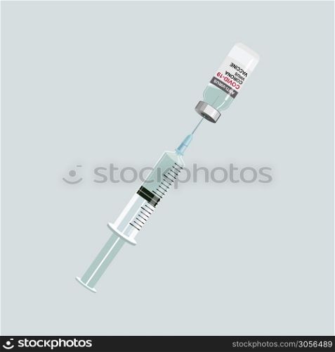 Medicine bottle for injection. Medical glass vials and syringe for vaccination. Isolated vector illustration Covid-19 Coronavirus concept.