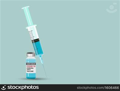 Medicine bottle for injection. The blue liquid vaccine in Medical glass vials, syringe for vaccination, for prevention. Isolated vector illustration Covid-19 Coronavirus concept. with copy space.
