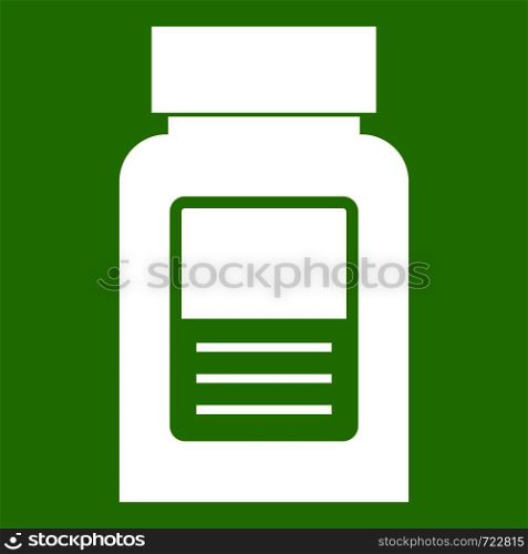 Medicine bottle icon white isolated on green background. Vector illustration. Medicine bottle icon green