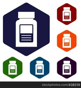 Medicine bottle icons set hexagon isolated vector illustration. Medicine bottle icons set hexagon