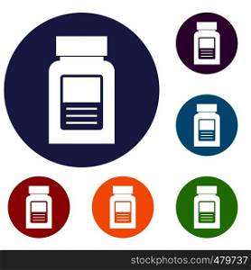 Medicine bottle icons set in flat circle red, blue and green color for web. Medicine bottle icons set