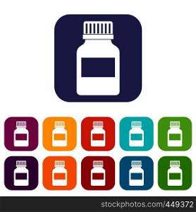 Medicine bottle icons set vector illustration in flat style In colors red, blue, green and other. Medicine bottle icons set flat