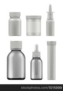 Medicine bottles mockup. Realistic pharmaceutical packages supplement box vector blank template. Pharmaceutical container, package plastic for tablet illustration. Medicine bottles mockup. Realistic pharmaceutical packages supplement box vector blank template