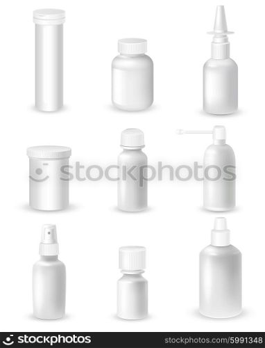 Medicine Bottles Set. Medicine blank white bottles set for sprays and pills realistic isolated vector illustration