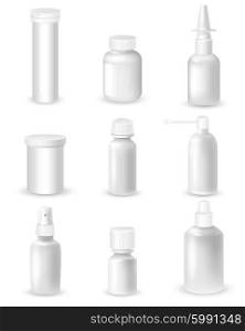 Medicine Bottles Set. Medicine blank white bottles set for sprays and pills realistic isolated vector illustration