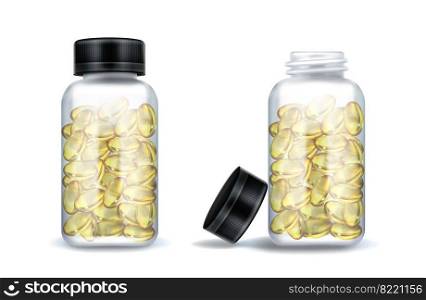 Medicine bottles with clear yellow capsules isolated on white background. Vector realistic mockup of glass or plastic transparent container with open and closed black lid. 3d jars with medical drugs. Medicine bottles with clear yellow capsules
