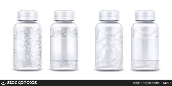 Medicine bottles with pills and clear capsules isolated on white background. Vector realistic mockup of glass or plastic transparent container with blank label and lid. 3d jars with medical drugs. Medicine bottles with pills and clear capsules