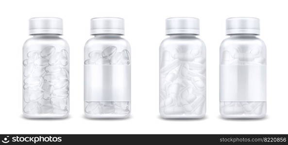 Medicine bottles with pills and clear capsules isolated on white background. Vector realistic mockup of glass or plastic transparent container with blank label and lid. 3d jars with medical drugs. Medicine bottles with pills and clear capsules