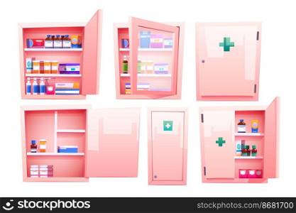 Medicine cabinet, cupboard with pharmacy drugs and pills for home bathroom or store. Vector cartoon set of open and closed cabinet with tablets, vitamins and medications. Medicine cabinet, cupboard with pharmacy drugs