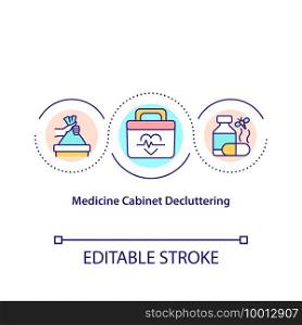Medicine cabinet decluttering concept icon. Combine any duplicate items. Prioritize shelf space. Purge idea thin line illustration. Vector isolated outline RGB color drawing. Editable stroke. Medicine cabinet decluttering concept icon