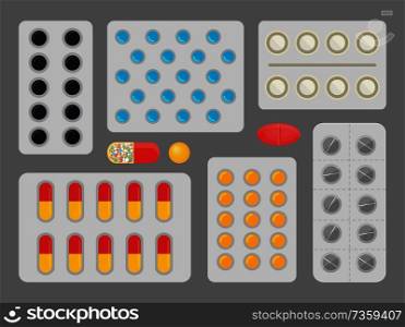 Medicine capsules with different effects blister set medication for patients sick people prescription healing elements isolated on vector illustration. Medicine Capsules Blister Set Vector Illustration