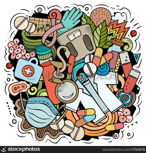 Medicine cartoon vector doodle design. Colorful detailed composition with lot of medical objects and symbols. All items are separate. Medicine cartoon vector doodle design