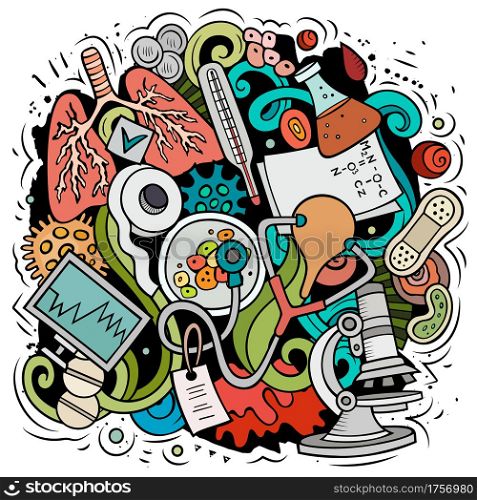 Medicine cartoon vector doodle design. Colorful detailed composition with lot of medical objects and symbols. All items are separate. Medicine cartoon vector doodle design
