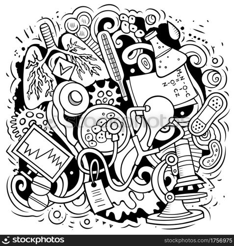 Medicine cartoon vector doodle design. Line art detailed composition with lot of medical objects and symbols. All items are separate. Medicine cartoon vector doodle design