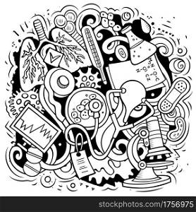 Medicine cartoon vector doodle design. Line art detailed composition with lot of medical objects and symbols. All items are separate. Medicine cartoon vector doodle design