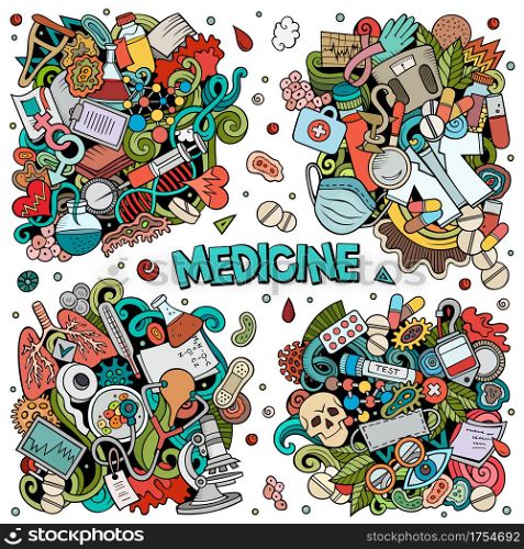 Medicine cartoon vector doodle designs set. Colorful detailed compositions with lot of medical objects and symbols. All items are separate. Medicine cartoon vector doodle designs set.