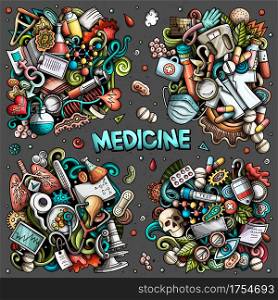 Medicine cartoon vector doodle designs set. Colorful detailed compositions with lot of medical objects and symbols. All items are separate. Medicine cartoon vector doodle designs set.