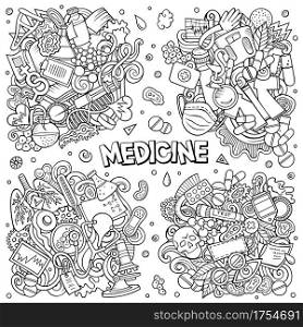 Medicine cartoon vector doodle designs set. Line art detailed compositions with lot of medical objects and symbols. All items are separate. Medicine cartoon vector doodle designs set.