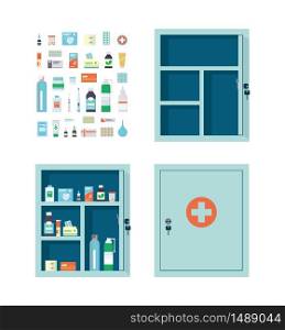 Medicine chest full of drugs, pills and bottles. Empty metal open and closed medical cabinet. Medications that can be put in the first aid kit. Vector illustration in flat style on white background. Medicine chest full of drugs, pills and bottles. Empty metal open and closed medical cabinet.