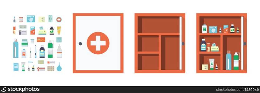 Medicine chest full of drugs, tablets and bottles. Empty metal open and closed medical cabinet. Medications for the first aid kit. Isolated vector illustration in flat style on white background. Medicine chest full of drugs, tablets and bottles. Empty metal open and closed medical cabinet.