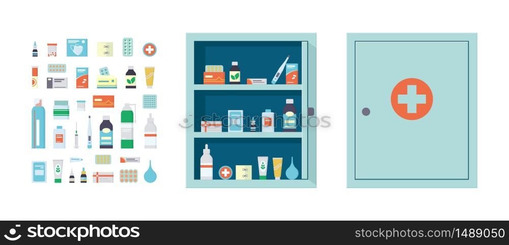 Medicine chest full of drugs, tablets and bottles. Medical cabinet with closed and open door. Medications for the first aid kit. Isolated vector illustration in flat style on white background. Medicine chest full of drugs, tablets and bottles. Medical cabinet with closed and open door.