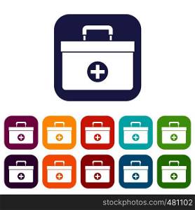 Medicine chest icons set vector illustration in flat style in colors red, blue, green, and other. Medicine chest icons set