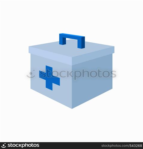 Medicine chest with blue cross icon in cartoon style on a white background. Medicine chest with blue cross icon, cartoon style