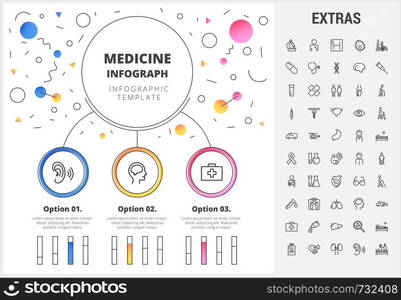 Medicine circle infographic template, elements and icons. Infograph includes customizable bar charts, line icon set with medical stethoscope, disable person, hospital doctor, nurse, first aid kit etc.. Medicine infographic template, elements and icons.