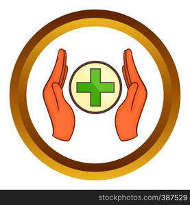 Medicine concept, hands holding cross vector icon in golden circle, cartoon style isolated on white background. Hands holding cross vector icon