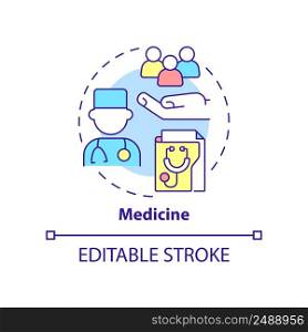 Medicine concept icon. Diagnose and prevent illness. Social institution abstract idea thin line illustration. Isolated outline drawing. Editable stroke. Arial, Myriad Pro-Bold fonts used. Medicine concept icon