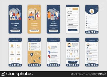 Medicine concept screens set for mobile app template. People choose specialist, make appointment with doctor online. UI, UX, GUI user interface kit for smartphone application layouts. Vector design