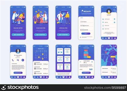 Medicine concept screens set for mobile app template. People get online doctor diagnostic consultation, buy medicines. UI, UX, GUI user interface kit for smartphone application layouts. Vector design