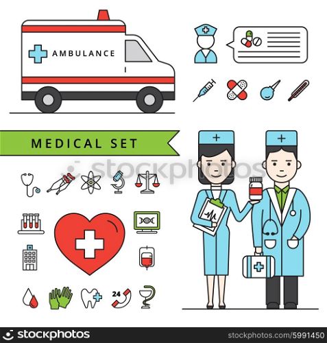 Medicine Concept Set With Ambulance And Doctors. Medicine concept set with ambulance car doctors and medical equipment icons isolated vector illustration