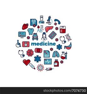 Medicine concept with colorful line icons isolated on white. Vector illustration. Medicine concept with colorful line icons isolated on white