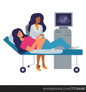 Medicine concept with doctor and young pregnant woman. The doctor checks the child with ultrasonography. Flat style vector illustration.