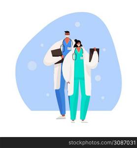 Medicine concept with doctors in flat style. Professional doctor man and woman. Stop Coronavirus concept.